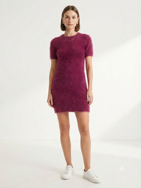 House of Three Burgundy Eyelash Knit Dress Womens 10 Fuzzy Shaggy Mini Magenta